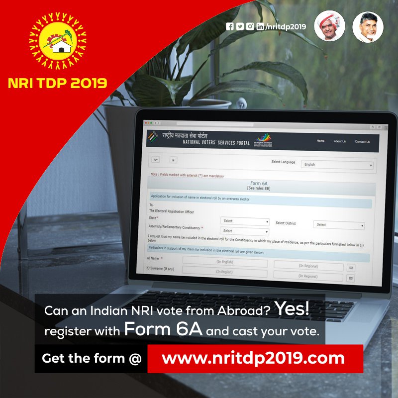 2019Nri's tweet photo. If you are a Telugu NRI &amp; living in abroad then Register at https://t.co/EXT3h92zJf to serve your constituency. Fill the Form 6A application at https://t.co/mO6cZyRHgR. You may vote via proxy.
#NRITDP2019 #NRITDP #NRI #VoteThroughProxy #NonResidentTelugu #TeluguNRI #Form6A #NRI https://t.co/sWS5QgcJVN