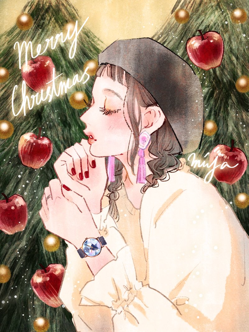 1girl food watch jewelry solo fruit earrings  illustration images
