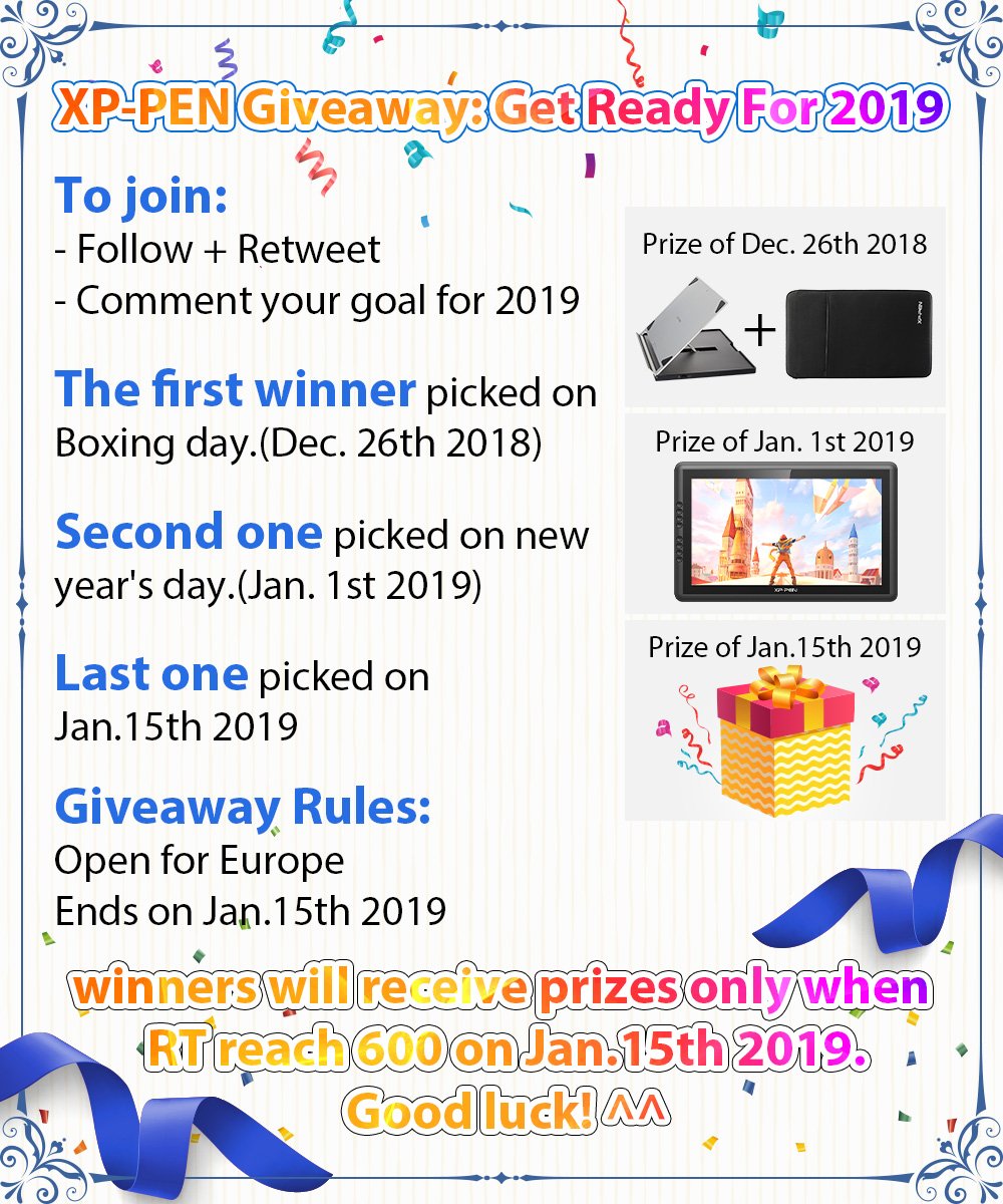 xppen_uk's tweet image. Hey guys,
 📌 Giveaway 📌 
Get ready for 2019

To join.
✅F+RT
✅comment ur goal for 2019
 
Rules:
Open for Europe
Ends on 15th Jan. 2019
RT reaches 600 on 15th Jan. 2019

Prize❗️check the pic.👇👇👇

#XPPen #giveaway #Contest #art #drawingtablet #NewYear #HappyChristmas
