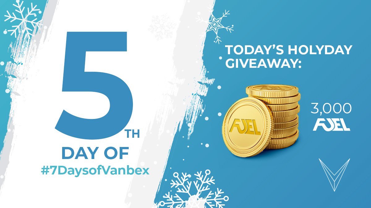 Happy Holidays🎄Welcome to Day 5 of #7DaysofVanbex Giveaway! What could be better than 3000 FUEL Tokens? 💁

How to enter: 
❄️ Follow our Twitter 
❄️ LIKE and RETWEET this Picture 

🌟 Today’s giveaway ends at 11:59 PM PT.