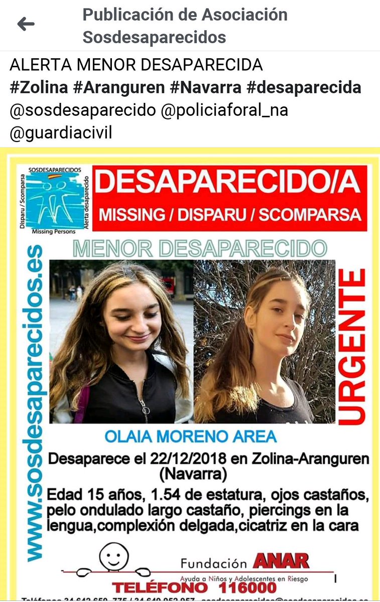 🚨 Alerta desaparecida🚨
Todas estamos buscando a Olaia, es la hija de una compah de <a href="/PAHHUTNavarra/">PahNavarra</a>
Entre todas podemos encontrarla, solo pedimos que pongáis un poco de atención 👀👀👀