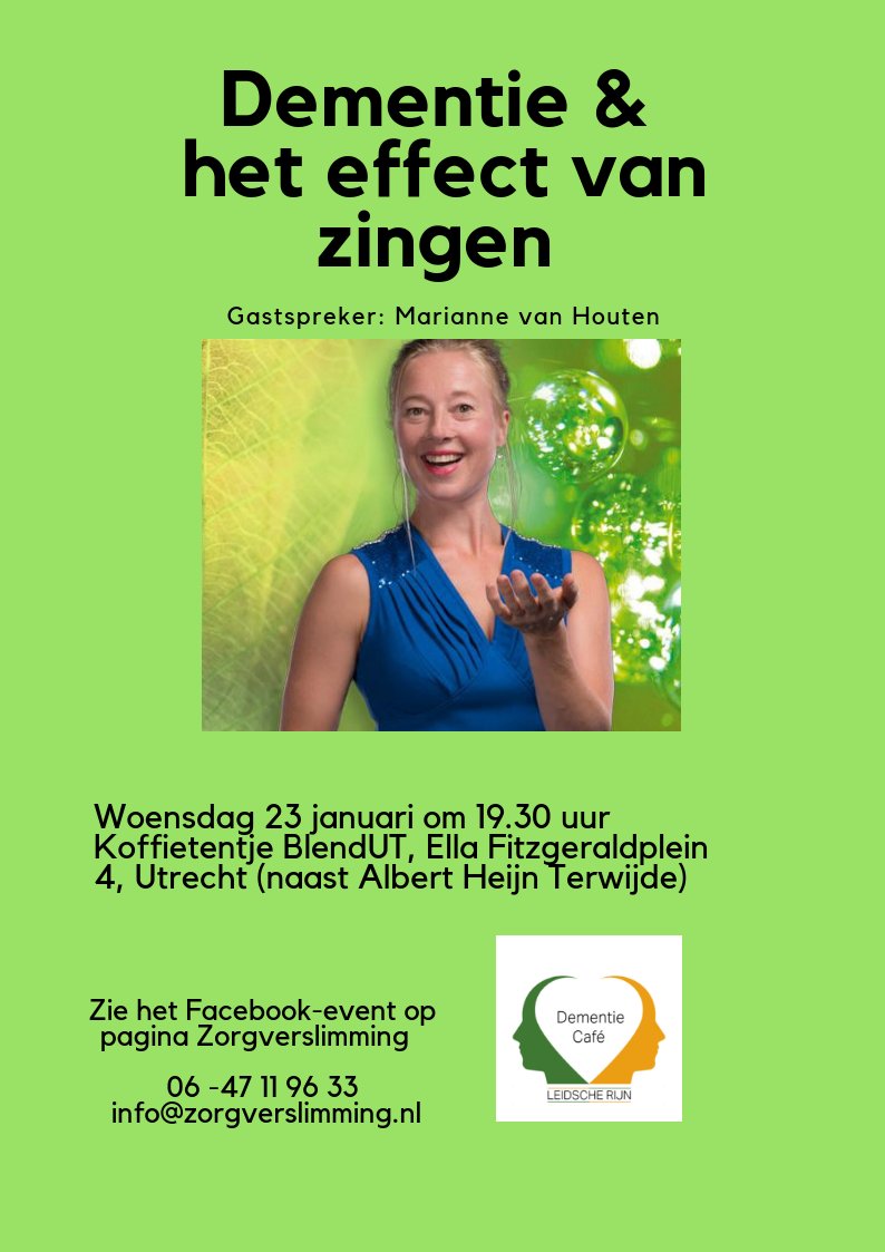 Laatst een tof gesprek met iemand van Diva Dichtbij! Een organisatie die theaterervaring naar verpleeghuizen en thuissituaties brengt.  

23-1 komt er een 'diva' vertellen over haar ervaringen met zingen bij en met mensen met dementie. 

M.a.w.: aanmelden Dementiecafé kan weer!