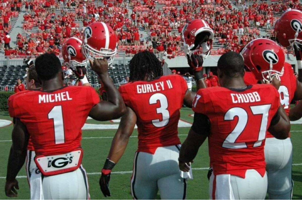 PCBeachDawg's tweet photo. @TG3II, @Flyguy2stackz,
@NickChubb21, @UGAAthletics

Todd Gurley, Sony Michel, and Nick Chubb have combined for:

3,115 rushing yards
780 receiving yards
37 total touchdowns

*Sony missed 5 games. 
*Chubb didn’t get more than 3 carries until Week 7. 

It’s called RBU for a reason https://t.co/bwMgZzVP3J