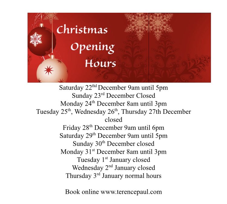 Merry Christmas &amp; Happy Holidays to all of you lovely Clients. Our opening times are here for you
