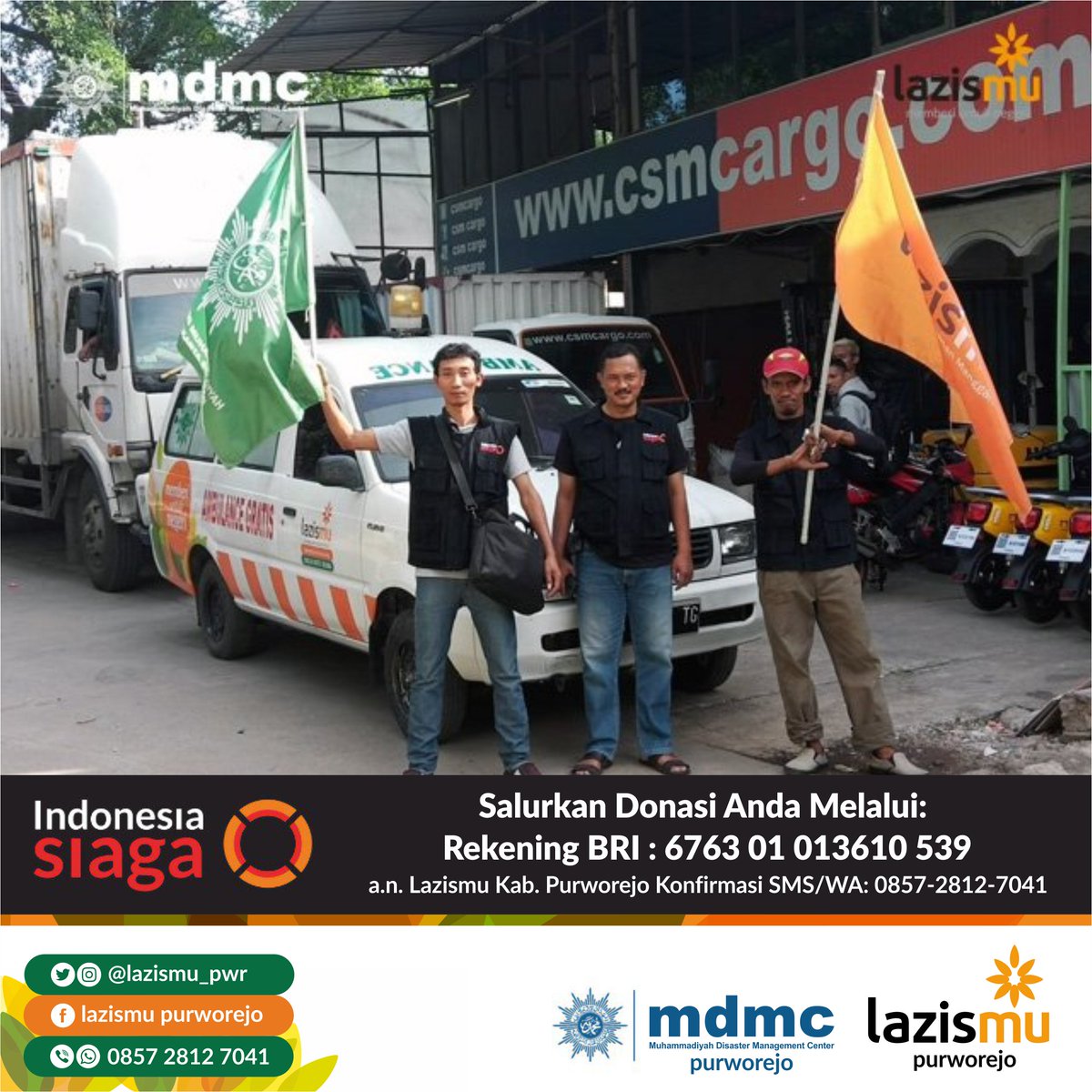 Tim MDMC-Lazismu berangkat menuju Anyer untuk menyalurkan bantuan logistik kepada saudara-saudara kita yang terdampak tsunami Selat Sunda dan membawa satu unit ambulans dari warehouse logistik Kantor Layanan Lazismu Manggarai. #OneMuhammadiyahOneResponse