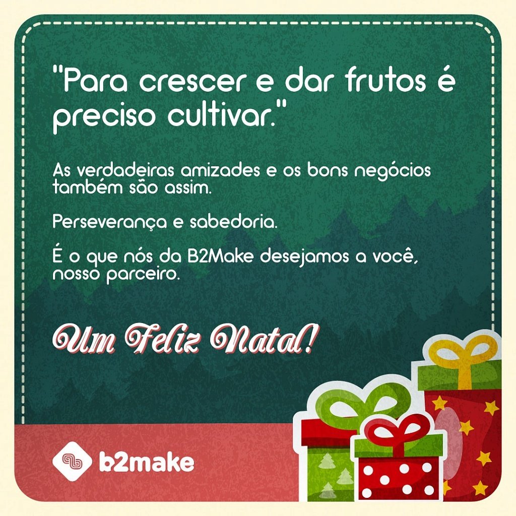 b2_make's tweet photo. "Para crescer e dar frutos é preciso cultivar."

As verdadeiras amizades e os bons negócios também são assim.

Perseverança e sabedoria.

É o que nós da B2Make desejamos a você, nosso parceiro. https://t.co/ne9tw18zab