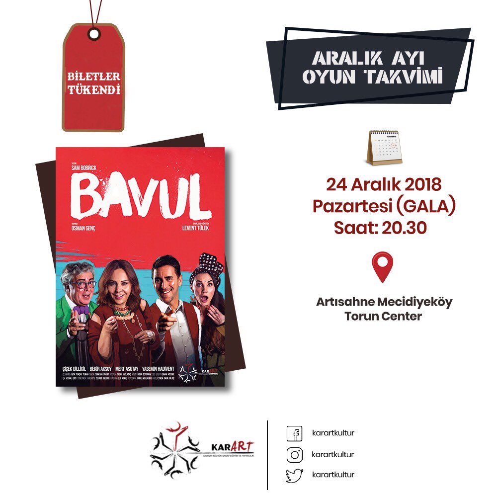 karARTkultur's tweet photo. Bugün @artisahnemecidiyekoy gerçekleşecek gala gösterimimizin biletleri tükenmiştir. Gösterdiğiniz ilgi için teşekkür ederiz. Ocak ayı programımız için hesaplarımızı takipte kalın!
. . . 
#bavul #gala #özelgösterim #oyun #tiyatro #tükendi #teşekkürler #ocak #program #yeniyıl https://t.co/L7EsUR5kbA