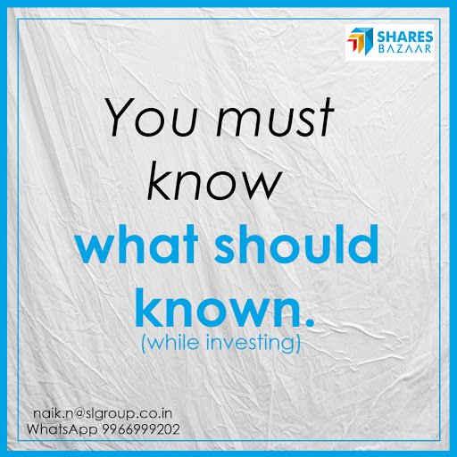 You  must know, What should known while investing in share markets, mutual  funds, and Insurance. “Shares Bazaar” is the best place to know all  important things. #StockAdvisorHyderabad, #ShareMarketAdvisor,  #InsuranceAdvisor, #MutualfundAdvisor, #DematAccount.