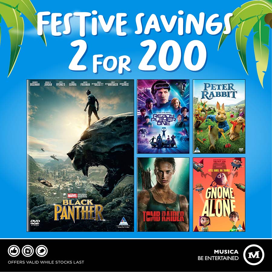 Looking for last-minute gifting inspiration for your favourite couch potato? Treat them to their favourite TV series on DVD – and get 2 for 350. Our budget-busting movie offer gets you 2 for R200! Or get into the festive spirit with Christmas films – also 2 for R100.