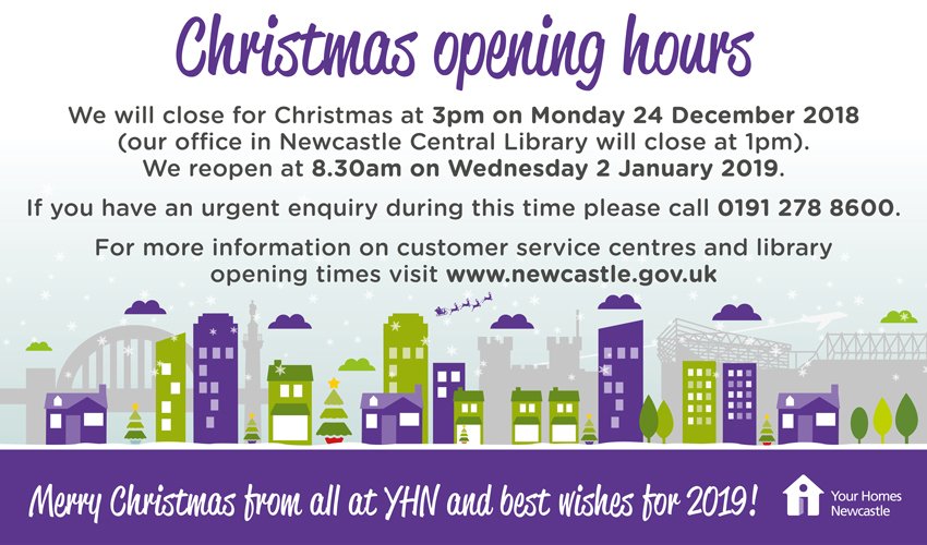 Just a reminder that we close for Christmas later today (see the pic for more details) but our enquiry centre is available 24/7 if you need to contact us in an emergency. Merry Christmas from everyone at YHN and all the best for 2019.