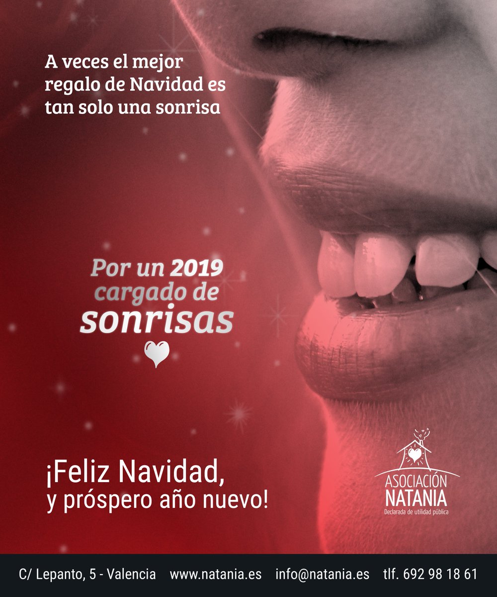 asocnatania's tweet photo. Una sonrisa puede ser el mejor regalo de #Navidad Desde #AsociaciónNatania os invitamos a seguir apoyándonos este nuevo año que empieza para tratar de mejorar la vida de las #PersonasSinHogar ¡Os deseamos una #FelizNavidad y un 2️⃣0️⃣1️⃣9️⃣ cargado de #sonrisas! 😃🌟 https://t.co/FSPCinjcvV