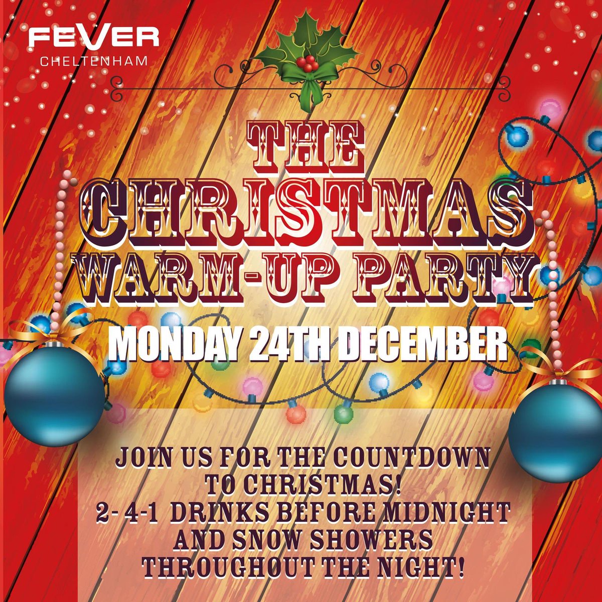 It’s Christmas Eve, which means it’s our Christmas warm up party! 

FEVER CHELTENHAM LOVES CHRISTMAS 🎁😍

Warm up your Christmas spirt with the best kind of spirits 😏

2-4-1 BEFORE midnight 🕛 
Snow showers ❄️ 
FREE Entry 

The LATEST &amp; LONGEST party in town 🎉