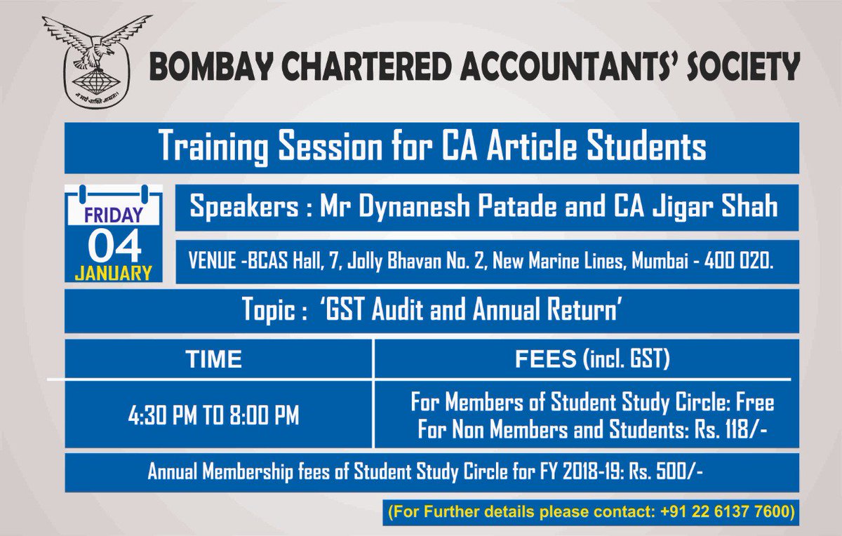 bcasglobal's tweet photo. #BackOnDemand 
A ‘Training session for #CA article students’ #BCASInitiative on the topic- #GSTAudit and Annual Return Encourage your article assistants to participate in this training session which will help them to be updated with the subject
👉https://t.co/g7YU9BklUR #EnrolNow https://t.co/7AhQHAOsS0