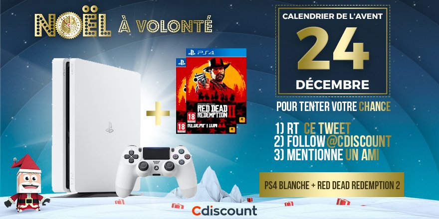 Cdiscount's tweet image. 🎁 JOUR 24

👌 À gagner pour le #CalendrierDeLAventCdiscount : PS4 Blanche + #RDR2

👉 bit.ly/2V6kZTz

🔸 Pour tenter votre chance : 
1) RT ce tweet
2) Follow @Cdiscount 
3) Mentionne un ami pour qu'il remporte un jeu #RDR2 en plus !

☑️ TAS 04/01