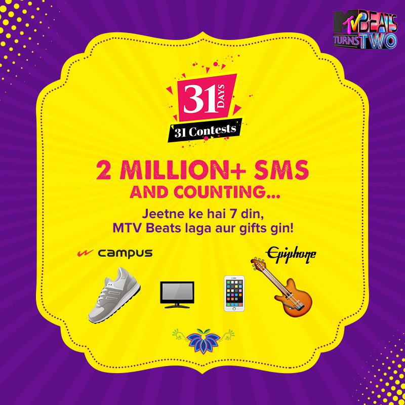 MTVBeats's tweet image. Nahi, nahi, aur nahi, aur na karo intezaar! Just 7 days left to win gifts dhamakedar!

With 2 Million+ texts and counting, tune into #MTVBeats daily to win exciting prizes like @epiphon guitars &amp;amp; @campusshoes.

#MTVBeatsTurnsTwo #2MuchFun #BloodMeinHaiBeat