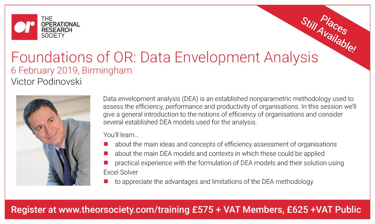 TheORSociety's tweet photo. #ORtraining course: Foundations of OR: Data Envelopment Analysis (DEA) with Victor Podinovski on 6 February 2019 in Birmingham.
Get an introduction to the notions of efficiency of organisations using DEA models for analysis.
Register now: https://t.co/IYKI6slsgq #ORMS #ThisIsOR https://t.co/Svq24HkbRX