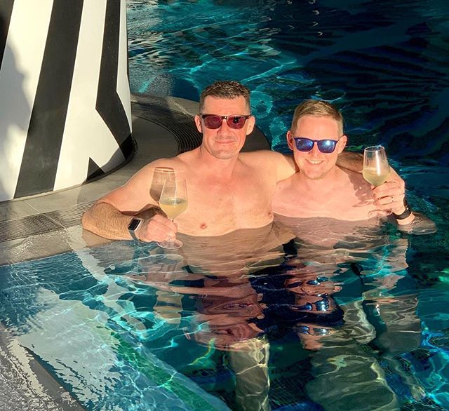 EricMueller's tweet photo. A wet Christmas Eve. #husbro #hashbrownblessed #notgay #australia #brisbane #xmaseve #christmaseve #pool #wine #couple #nipples https://t.co/5bs4JUQUMP
