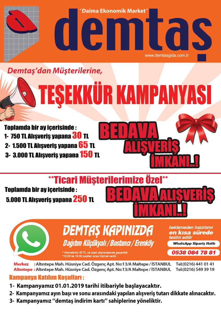demtas's tweet photo. Demtaş'dan Müşterilerine Teşekkür Kampanyası 

#kampanya #demtaş #marketalışverişi🛒🛒🛒 https://t.co/C4XiYAq9WC