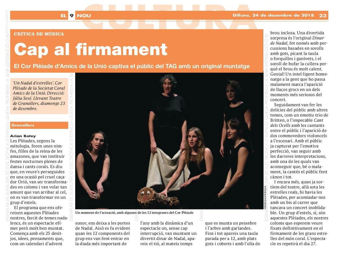 CoralPleiade's tweet photo. Moltes gràcies @EL9NOU_VOr per aquesta crítica tan magnífica. Us esperem a tots a l'última funció que serà el dijous 27 de desembre a les 21h al @llevanteatre. 👏🏽👏🏽 https://t.co/mRqveXMfGZ