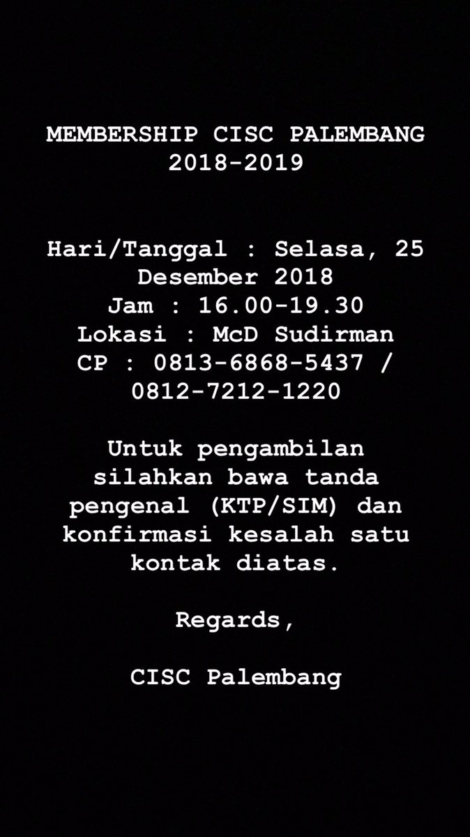 Dear All member CISC Palembang,

Silahkan konfirmasi untuk pengambilan membership 2018-2019. Kehilangan diluar tanggung jawab CISC Palembang.

Regards,

CISC Palembang