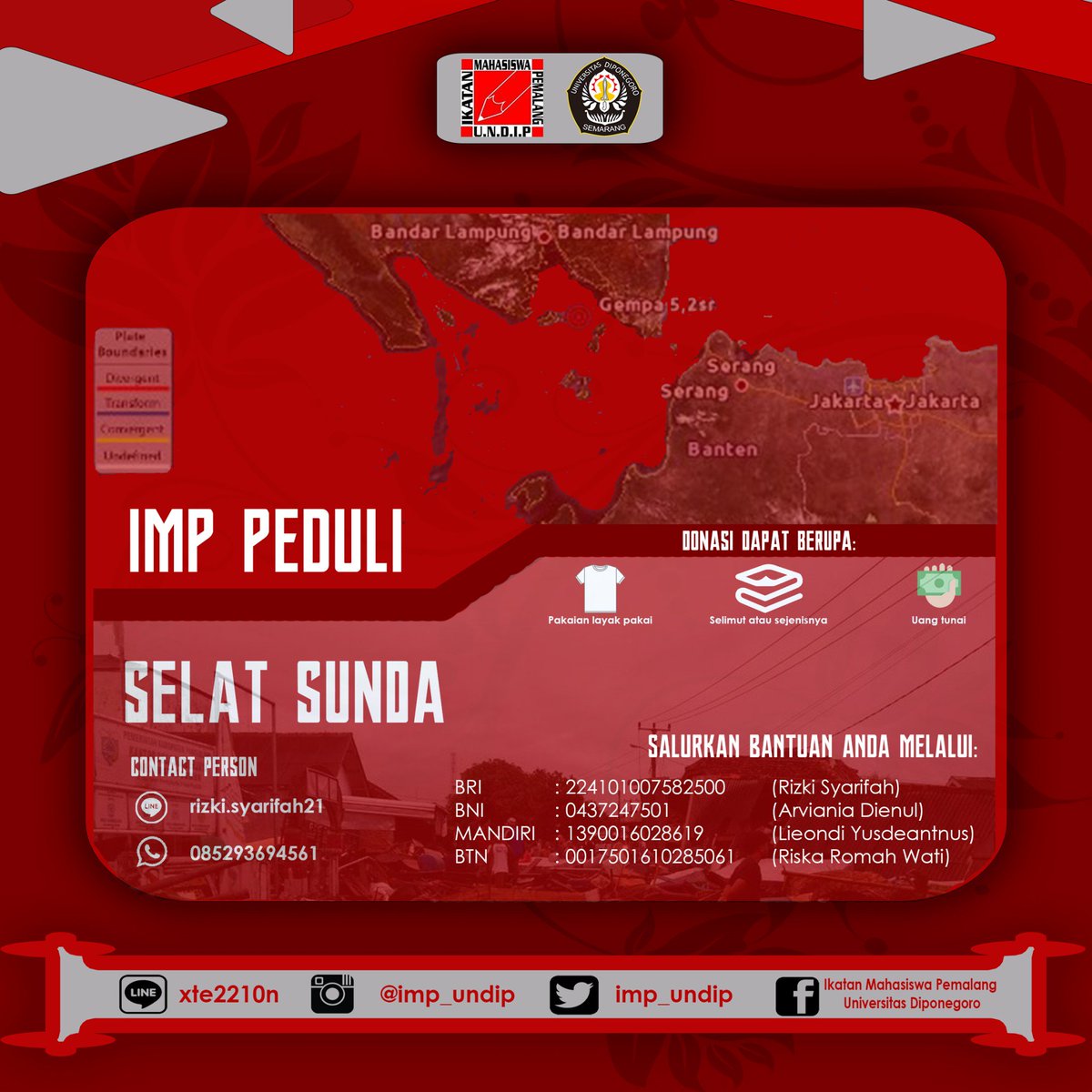 #1 [IMP PEDULI SELAT SUNDA]
 
Bencana alam tsunami telah terjadi di selat sunda daerah yang terkena dampak dari peristiwa ini antara lain pandeglang, serang dan lampung selatan. Data sementara korban meninggal dunia sebanyak 222 ,  843 orang luka-luka dan 28 orang hilang.