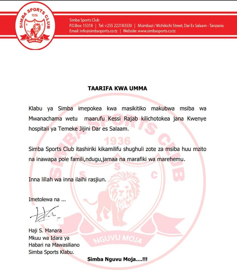 Simba Sports Club Taarifa Kwa Umma