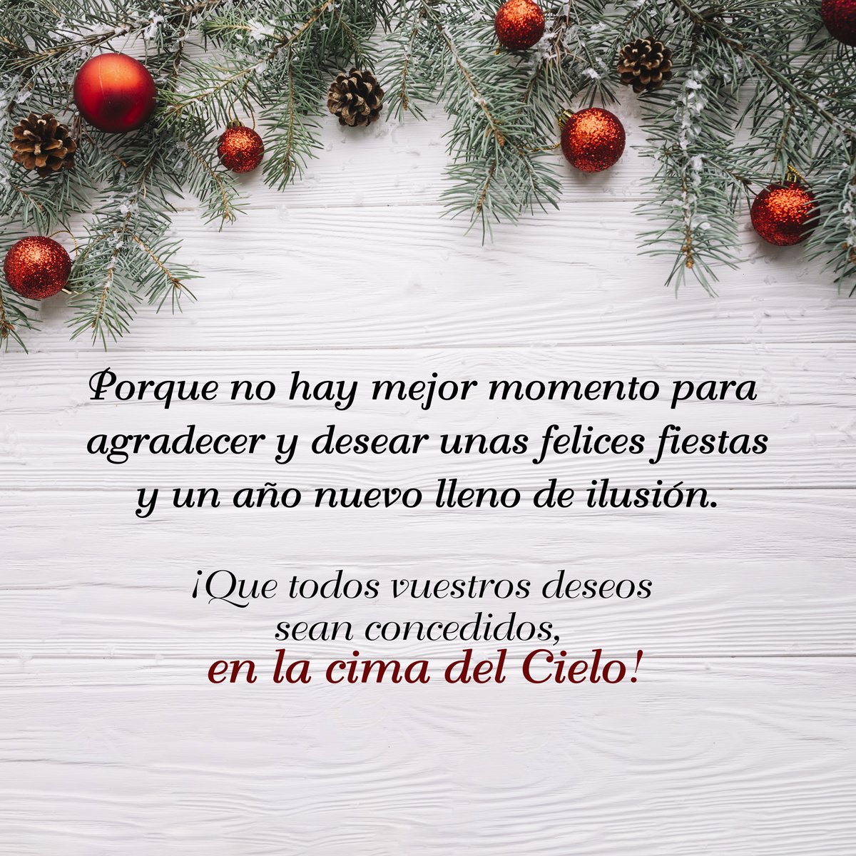 Porque no hay mejor momento para agradecer y desear unas felices fiestas y un año nuevo lleno de ilusión. ¡Qué todos vuestros deseos se cumplan, en la cima del Cielo! ¡FELICES FIESTAS!🎄⛄