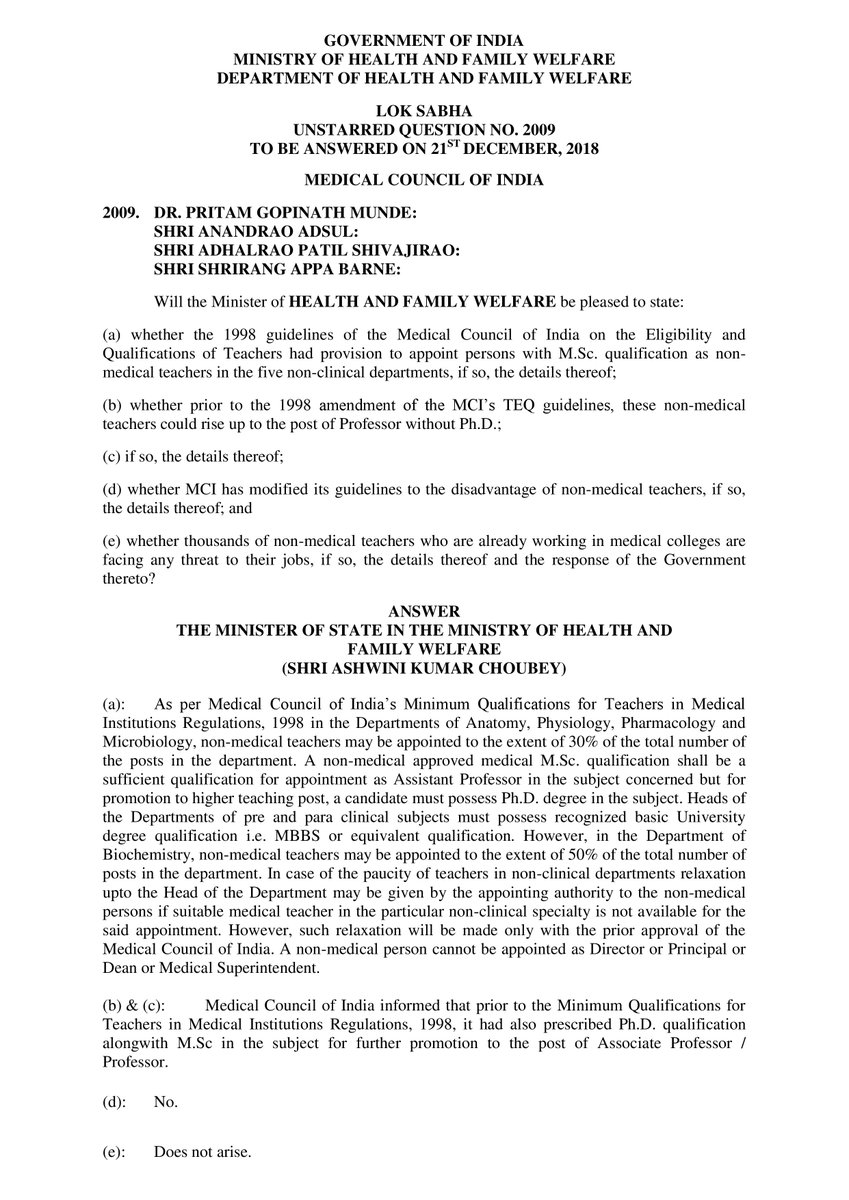 NMMTA_Assn's tweet image. The @MoHFW_INDIA through #MCI has clarified that Ph.D is not required for a non-medical teacher to be promoted as Assistant Professor. There is no threat to the non-medical teachers. 
Source: http://164.100.47.190/loksabhaquestions/annex/16/AU2009.pdf via Lok Sabha.