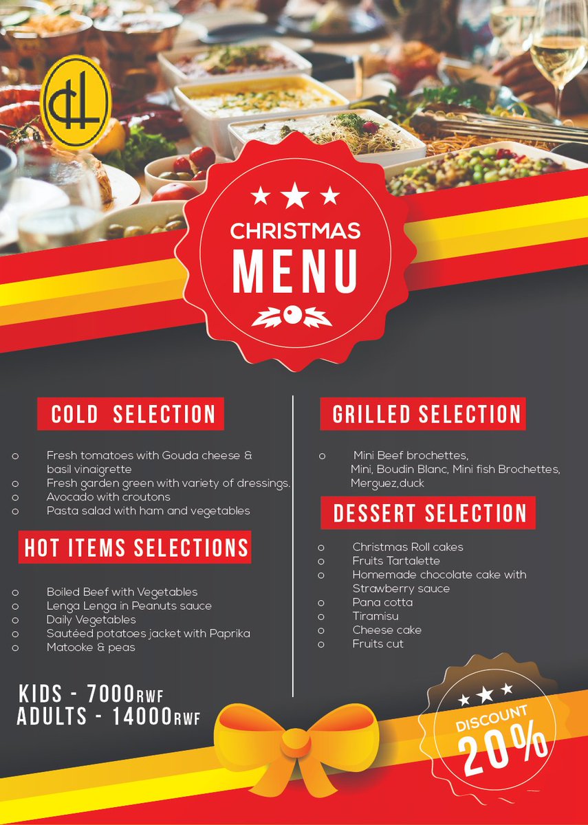 Christmas Buffet 
This Festive season Hotel Chez Lando have prepared a special Buffet on 24th and 25th December 2018!.Come all with your families for a memorable Christmas! <a href="/HotelChezLando/">Hotel Chez Lando</a> #kigali #RwOT #rwanda