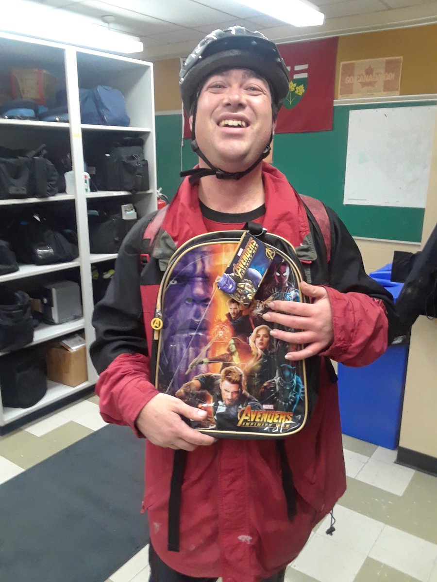 OPP_WR's tweet photo. #EssexCtyOPP resident all smiles following the theft of his backpack in the town of @EssexON.  Although the original was not recovered, members of #OPP       "D Platoon" rallied together to replace it.  #AvengersInfinityWar, #Community. ^jr https://t.co/JZHMyFaUvg