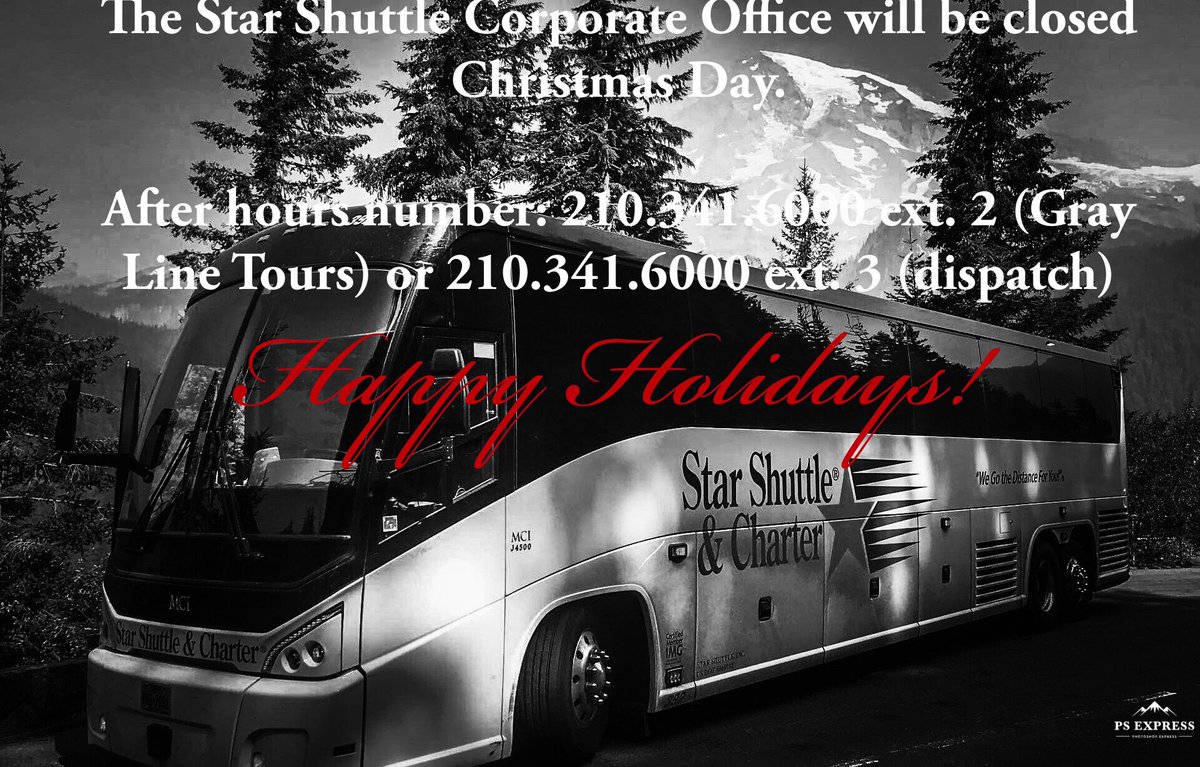 StarShuttleInc's tweet photo. The Star Shuttle sales office will be closing early today, & we will not be in the office December 25th, Christmas Day. Please note we do have an after hour's team 'on call' if needed. We hope you all have a very Merry Christmas. π
πΌππ #starshuttle #Christmas2018 #ChristmasEve https://t.co/G2qn43fhQd