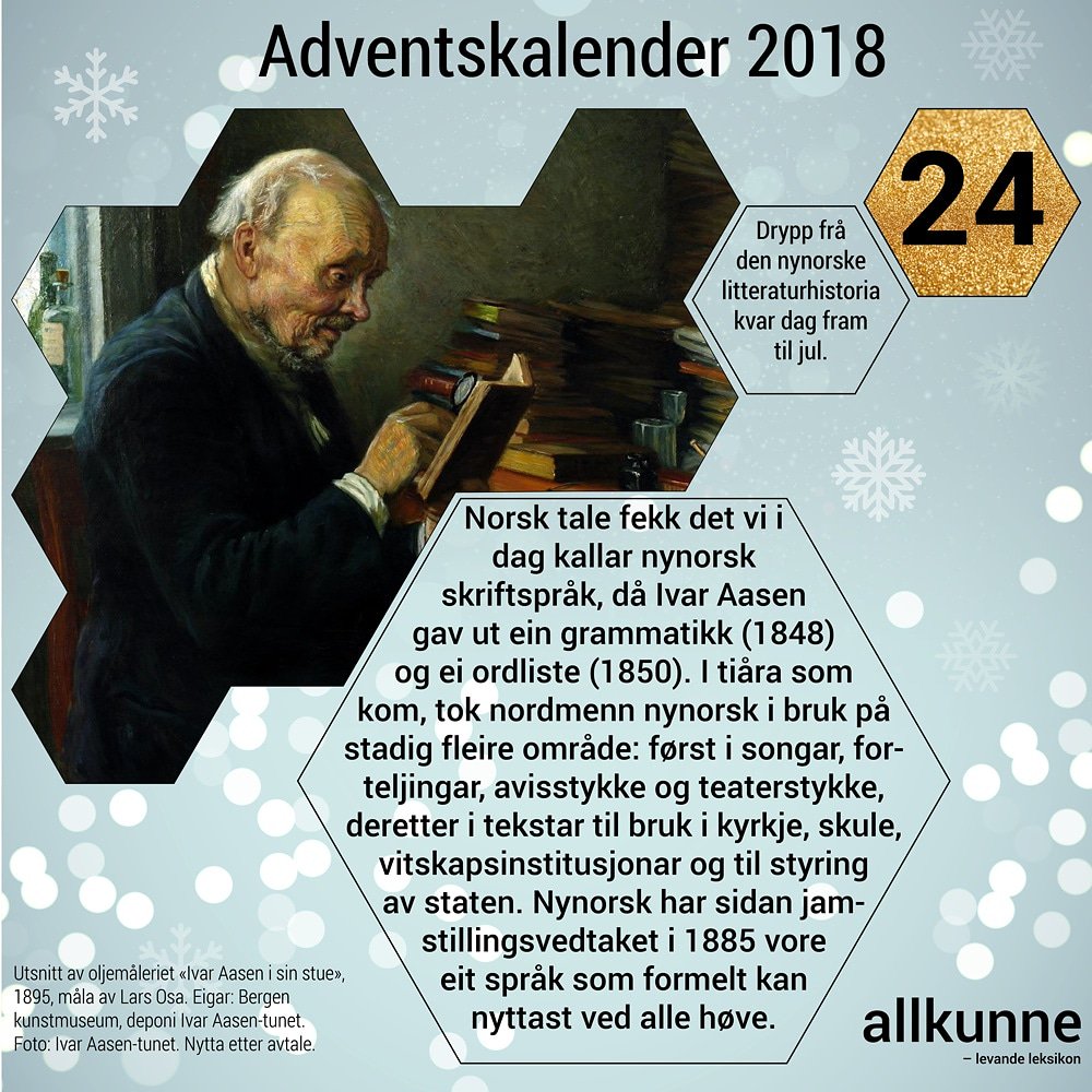 Allkunne's tweet photo. Dette er siste luke i Allkunne sin adventskalender med drypp frå den nynorske litteraturhistoria.
God jul! https://t.co/wzhN28jj4H 
#nynorsklitteraturhistorie 
#nynorsklitteraturkalender2018 
#adventskalender2018 https://t.co/ARC3gxE8j9
