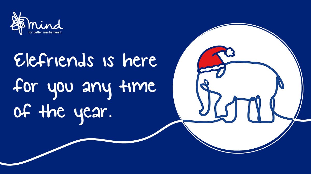 elephant wearing a christmas hat with text reading "elefriends is here for you any time of the year"