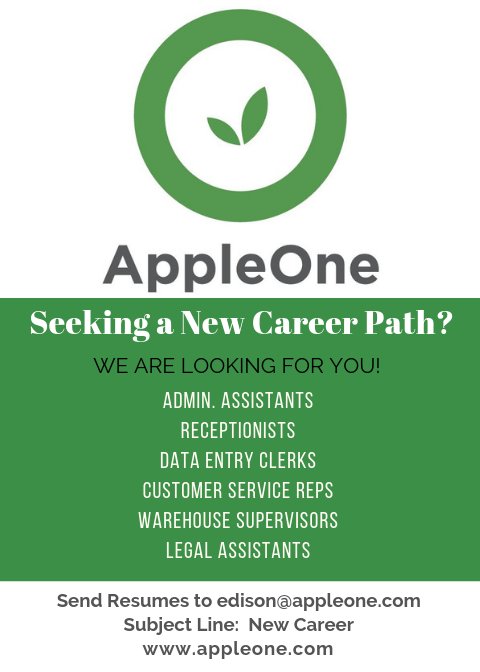 Looking for work in 2019? Let us know! Send resumes to edison@appleone.com. #Jobs #jobseekers #njjobs #hiring #nowhiring #jobopening #jobfairy #HireAllGraduates #newjerseyjobs #jobsearch #jobhunt #resume #job #careers #employment #tweetmyjobs #HR #jobhunting #humanresources