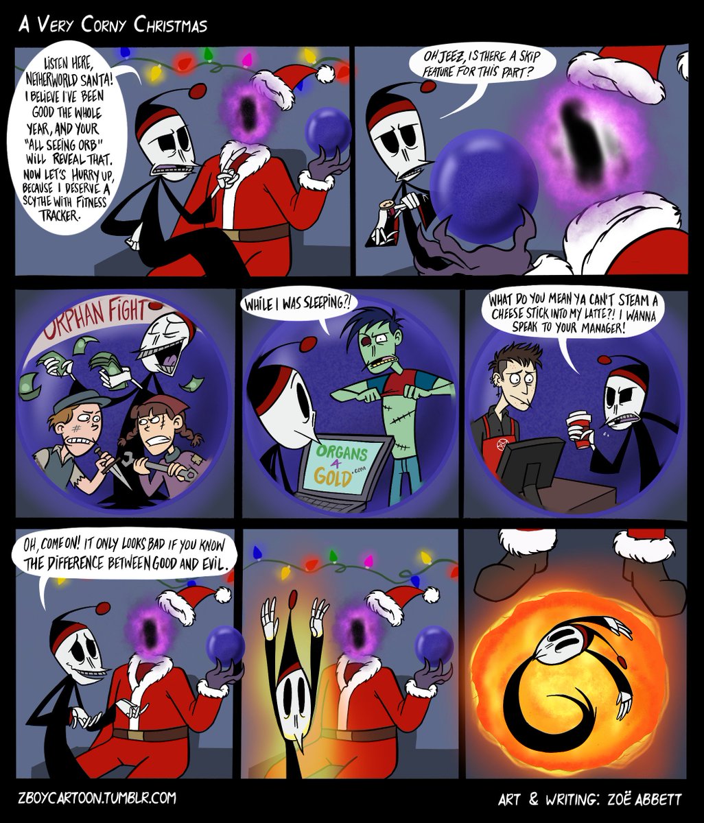ZBoyCartoon's tweet photo. Cornelius has a request for Netherworld Santa this Christmas, but has he been too much of a naughty reaper this year? 

Happy Holidays, everyone!

Like what we do, consider supporting us on Patreon: https://t.co/vLMh9KWLlR

#ChristmasEve #santa #webcomic #reaper #netherworldsanta https://t.co/hi0Y8Rv3F3