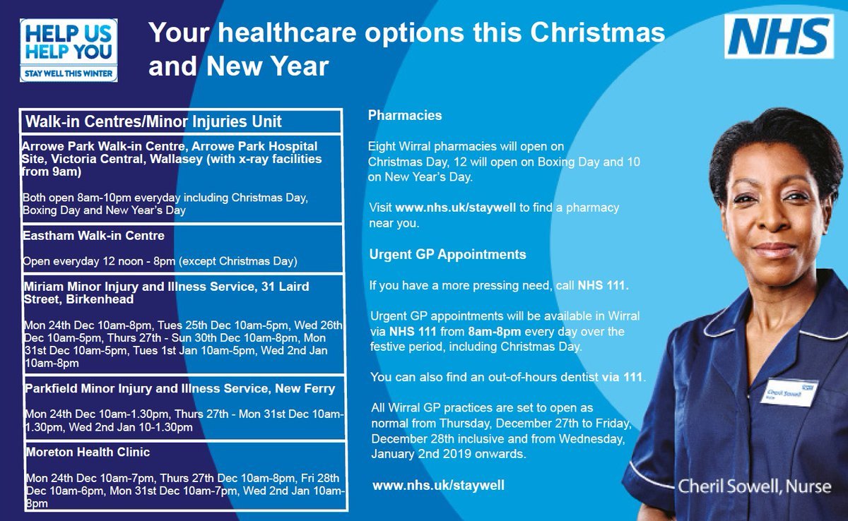 NHSWirralCCG's tweet photo. A number of Wirral pharmacies and Walk-in Centres are open over Christmas and New Year if you're feeling poorly and need medical help.  You can also call NHS 111 at any time. #HelpUsHelpYou #StayWellThisWinter
 https://t.co/Dgd7uAtMm7 https://t.co/ilpYaI6sCS