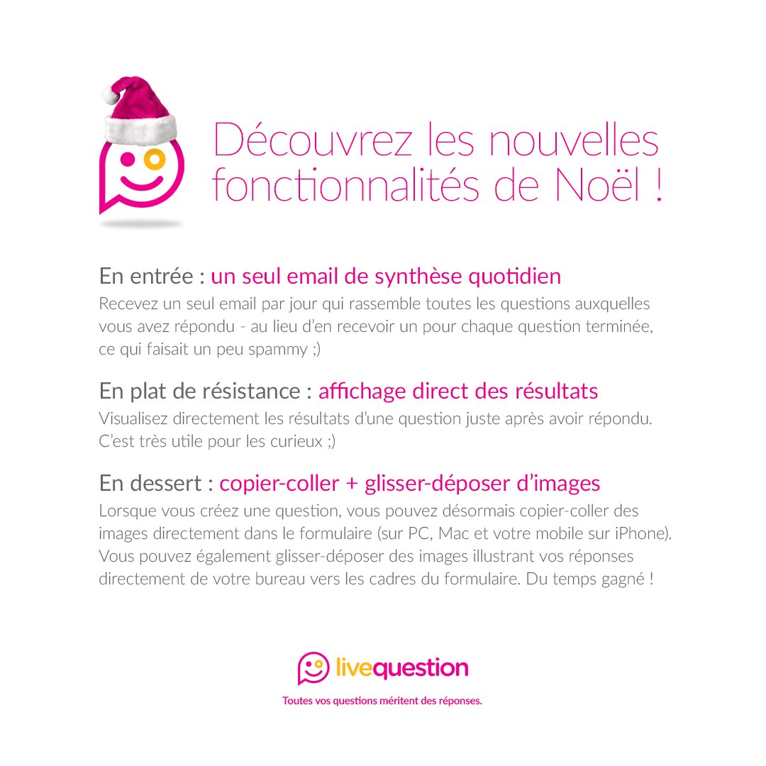 Livequestionfr's tweet photo. Découvrez les nouvelles fonctionnalités de Noël disponibles dès à présent sur le site https://t.co/syToBqQeOQ ! :)
#livequestion #joyeuxnoel #merrychristmas https://t.co/OLX8sR7WDX