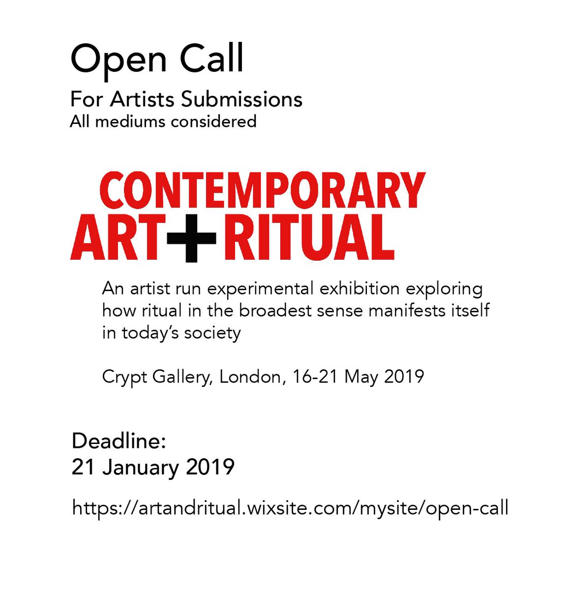 #opencall to all #artists to propose work on theme of #ritual Details + how to submit artandritual.wixsite.com/mysite/open-ca… #exhibition @TheCryptGallery #London in May. Deadline 21 January. Please repost/share