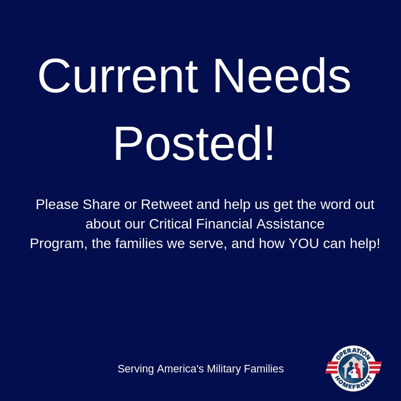 Op_Homefront's tweet photo. We receive a high number of requests for assistance this time of year. We've been updating our current needs regularly and invite you to join us in #GivingStrength to these families in need. https://t.co/U62RMjxRO0 https://t.co/vIVuK6Ga2V