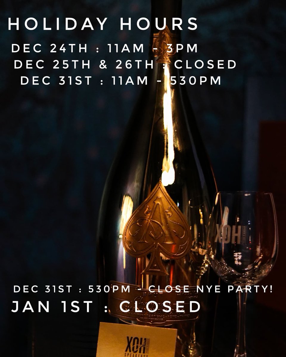 Happy Holidays from our family to yours! Listed here are our holiday hours of operations! We wish you happy and safe celebrations and we hope you spend them with us! Cheers!✨