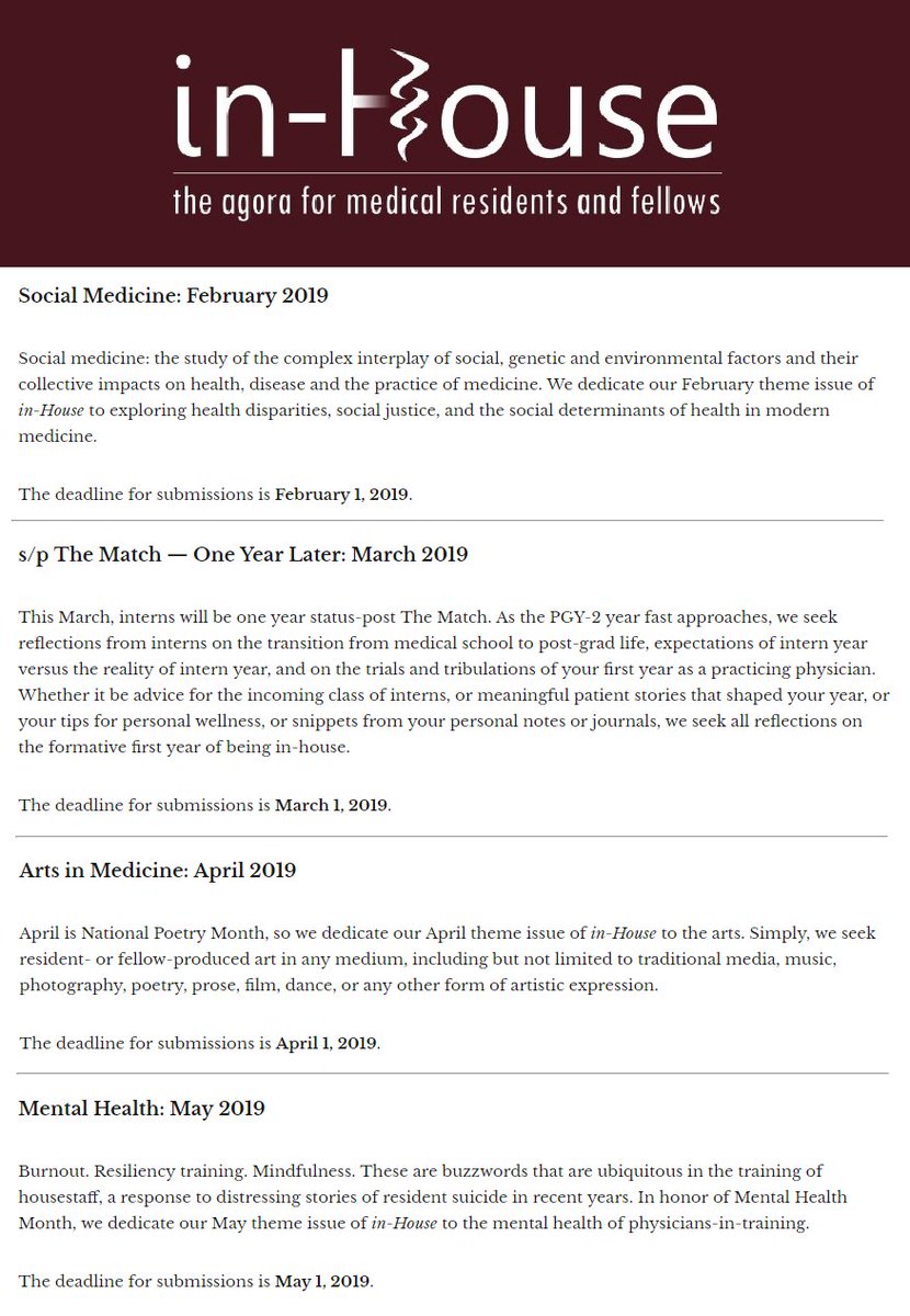 inHouseMag's tweet photo. We are excited to announce our 2019 Theme Issues, a peer-reviewed writing opportunity for residents & fellows which includes monetary awards.
Submit at https://t.co/nqY0Svj4rE.
Theme issues on #SocialMedicine, #Match2018, #MentalHealth, #Burnout, #WomenInMedicine, & more. https://t.co/8am6FcoTKJ