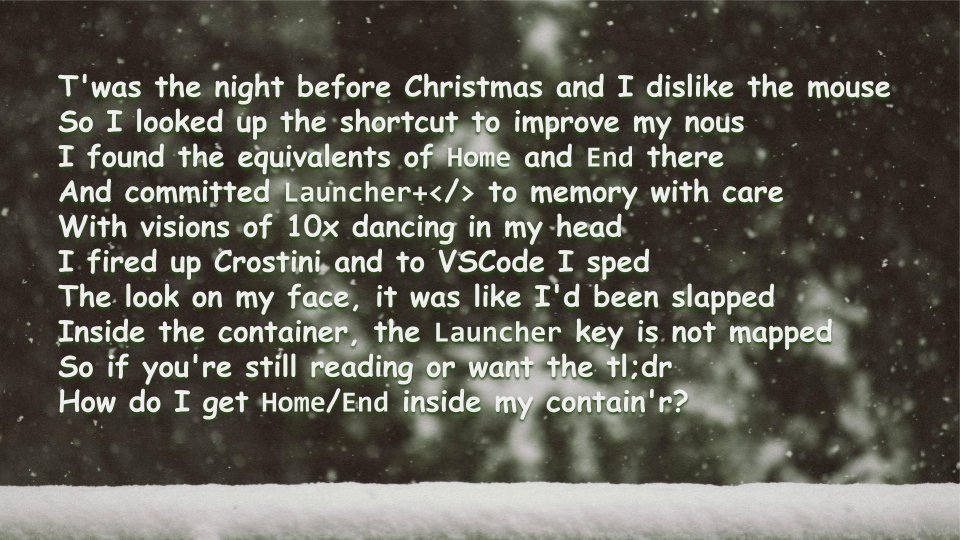 T'was the night before Christmas and I dislike the mouse
So I looked up the shortcut to improve my nous
I found the equivalents of Home and End there
And committed Launcher+</> to memory with care
With visions of 10x dancing in my head
I fired up Crostini and to VSCode I sped
The look on my face, it was like I'd been slapped
Inside the container, the Launcher key is not mapped