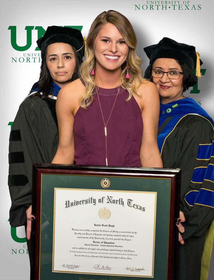 desotoisdeagles's tweet photo. DeSoto ISD Special Education Elementary, Autism &amp; Behavior Supervisor Kevin Pugh was posthumously awarded his doctorate this month. Pictured is Pugh’s sister, Shaylin, who recently accepted the degree on his behalf at the University of North Texas. #onceanEaglealwaysanEagle https://t.co/SqaZmbafCm