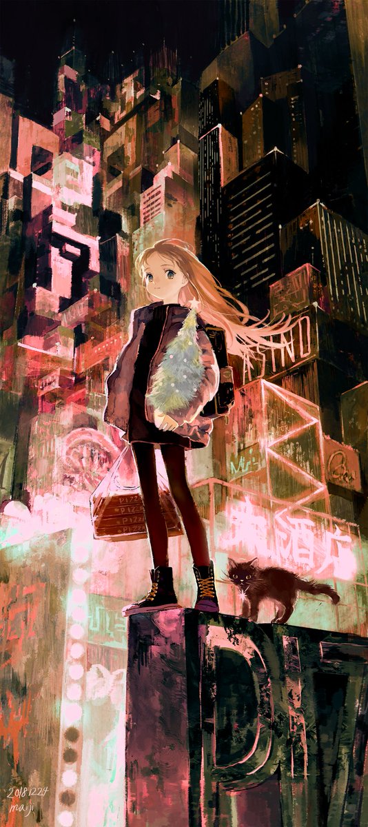 1girl long hair cat solo jacket pantyhose building  illustration images