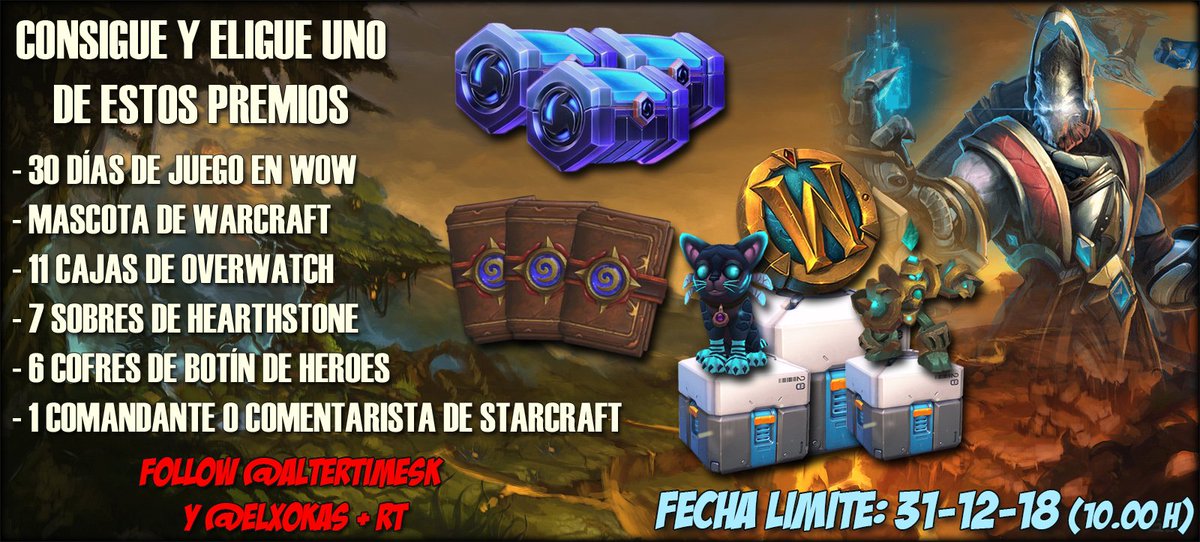AlterTimeSK's tweet photo. 😱¡Consigue 1⃣ de estos fantásticos premios (tú eliges)!😱

🎁30 Días WoW
🎁Mascota WoW
🎁11 Cajas de Overwatch
🎁7 Sobres de Hearthstone
🎁6 Cofres Botín de HoTS
🎁Comandante o Comentarista de Starcraft

🤔¿Qué hay que hacer?🤔

➡️Follow @AlterTimeSK y @Elxokas 
➡️RT al Tweet https://t.co/QgswLD38hG