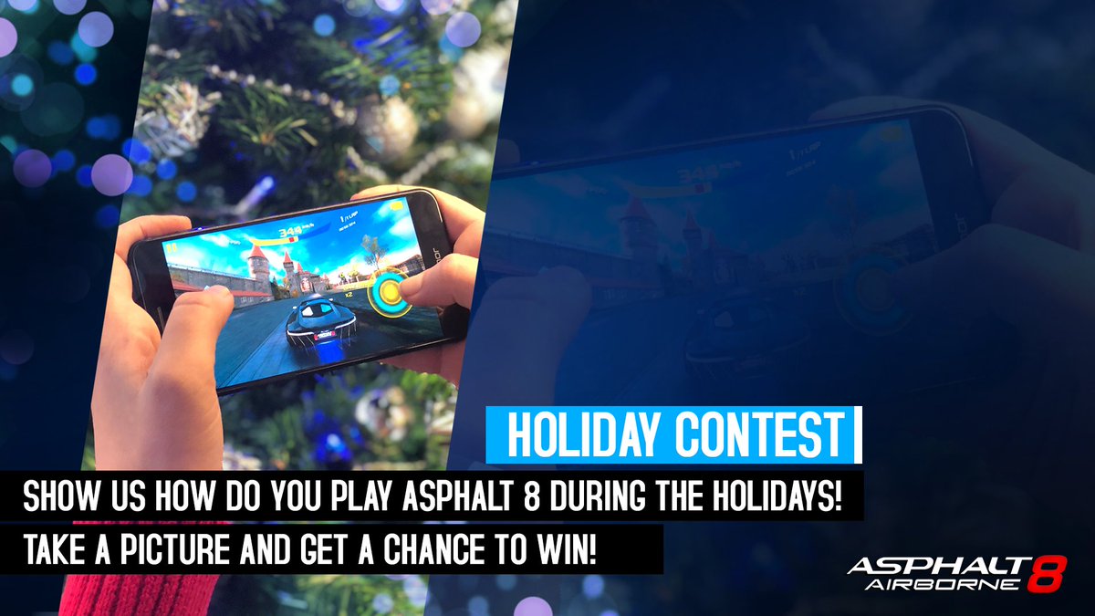 Get a chance to win the CAR OF YOUR CHOICE 🎁🎁. Simply show us how you play #Asphalt8 during the holidays🎄. Post a picture or a video on Twitter or Instagram, with the hashtags: #AsphaltHolidays &amp; #Asphalt8. Rules > bit.ly/2CxDbOI