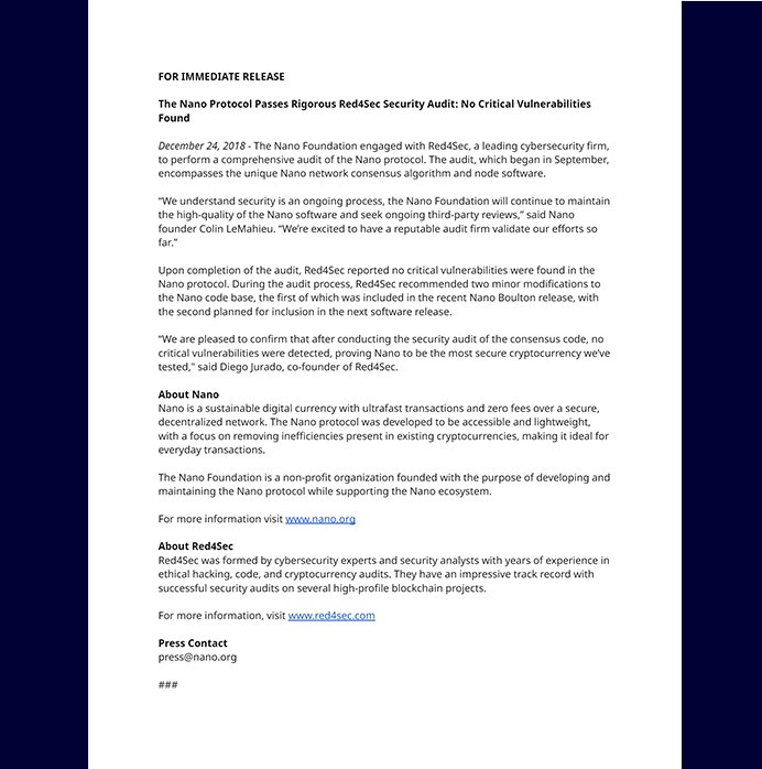 nano's tweet photo. We are pleased to announce the successful completion of the $NANO protocol consensus algorithm and node software security audit, conducted by respected security experts @Red4Sec! 

Join the Discussion: https://t.co/IJszPY6qmf https://t.co/KU1F9v8nBY