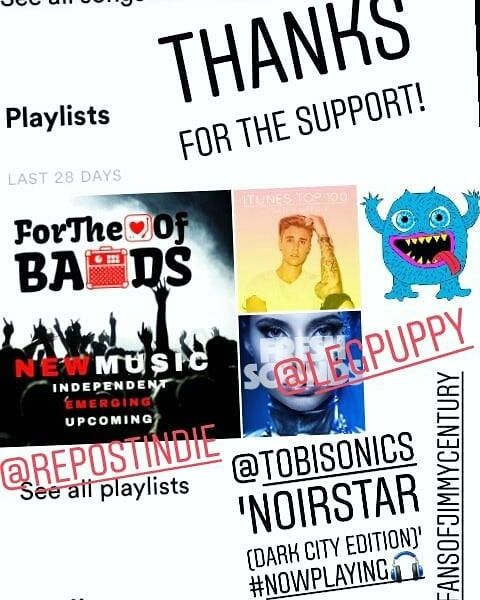 Shout out and thanks @repostindie and @legpuppy ! My debut @tobisonics drop 'Noirstar (Dark City Edition)' featuring the awesome @fansofjimmycentury #nowplaying🎧 on their excellent Independent Music playlists!