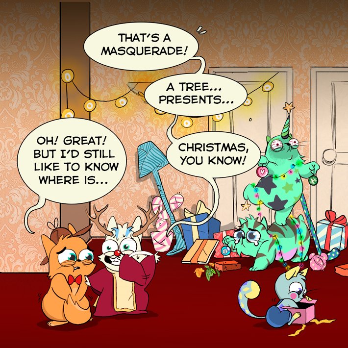 deusdetective's tweet photo. Kitty Detective never rests. Even on a Christmas Eve. This time he is searching for a door. A door with two letters written on it. Will he succeed? Find it out in the new episode of the Crypto Detective! https://t.co/7Dw4NFjC4w 

#cryptodetective #cryptokitties #comics #christmas https://t.co/dr5J8rBir7