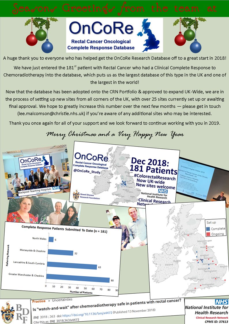 Complete Response Database (@oncore_database) on Twitter photo Merry Christmas from the @OnCoRe_Study Team!🎄
Christmas Newsletter update below.
Thanks to all the contributors who have helped to make such a great 2018 - look forward to welcoming all the new sites in 2019 🎉
@BDRF1 <a href="/LeeMalcomson/">Lee Malcomson</a> <a href="/renehan_andrew/">Andrew Renehan</a> <a href="/KatParmar/">Kat Parmar</a> #colorectalresearch Merry Christmas from the @OnCoRe_Study Team!🎄
Christmas Newsletter update below.
Thanks to all the contributors who have helped to make such a great 2018 - look forward to welcoming all the new sites in 2019 🎉
@BDRF1 <a href="/LeeMalcomson/">Lee Malcomson</a> <a href="/renehan_andrew/">Andrew Renehan</a> <a href="/KatParmar/">Kat Parmar</a> #colorectalresearch